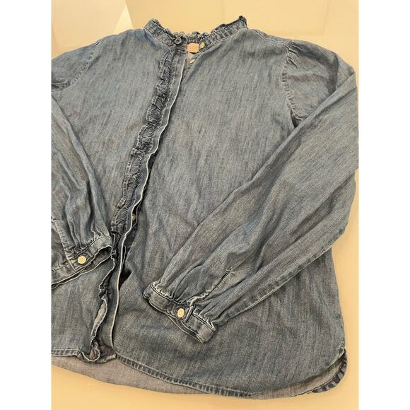 LOFT Button Front Denim Blouse Size L 100% Cotton Ruffle Detail Blue - Picture 2 of 5